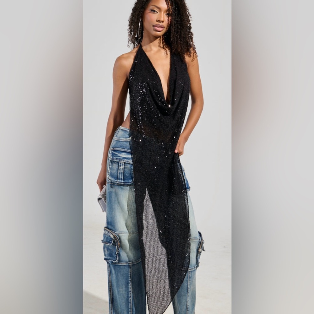 NWT AKIRA black open back sexy mesh halter cowl neck asymmetrical blouse size S - Picture 2 of 5